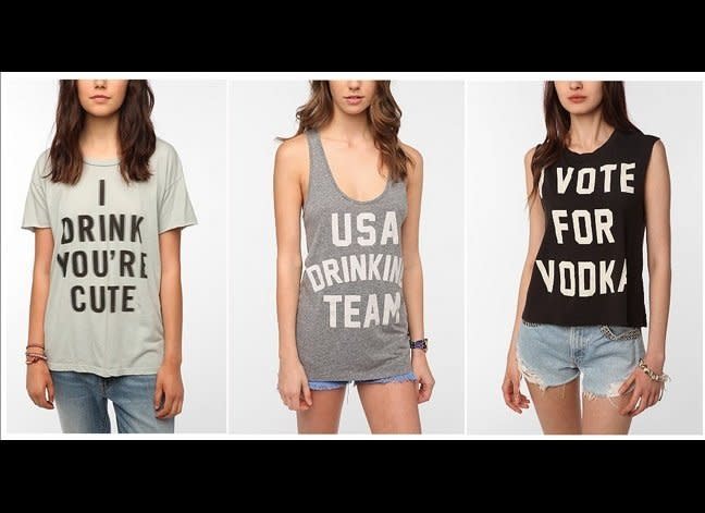 Although Urban Outfitter's biggest demographic is 18-24 year-olds, the company is selling shirts that encourage underage drinking. Jan Withers, national president of Mother's Against Drunk Driving (MADD) says, "Kids shouldn't be wearing these t-shirts...Marketing [alcohol-related products] to teens is not in any way acceptable."     (<a href="http://www.huffingtonpost.com/2012/08/28/urban-outfitters-drinking-t-shirts_n_1836859.html?utm_hp_ref=style" target="_hplink">Urban Outfitters</a>) 
