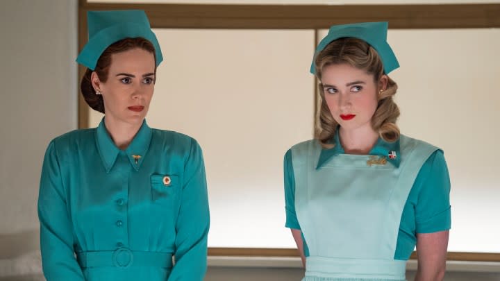 Two women in nurses uniform in a scene from Ratched on Netflix