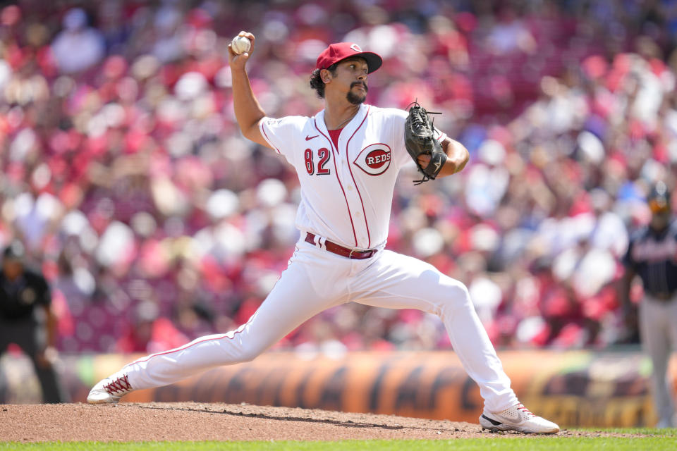 Cincinnati Reds relief pitcher Randy Wynne throws against the Atlanta Braves in the fourth inning of a baseball game Sunday, June 25, 2023, in Cincinnati. Sunday was Wynne's MLB debut. (AP Photo/Jeff Dean)