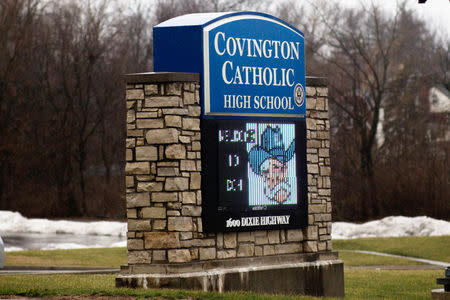 FILE PHOTO: A school marker for Covington Catholic High School is pictured in Park Hills, Kentucky, U.S., January 23, 2019. REUTERS/Madalyn McGarvey