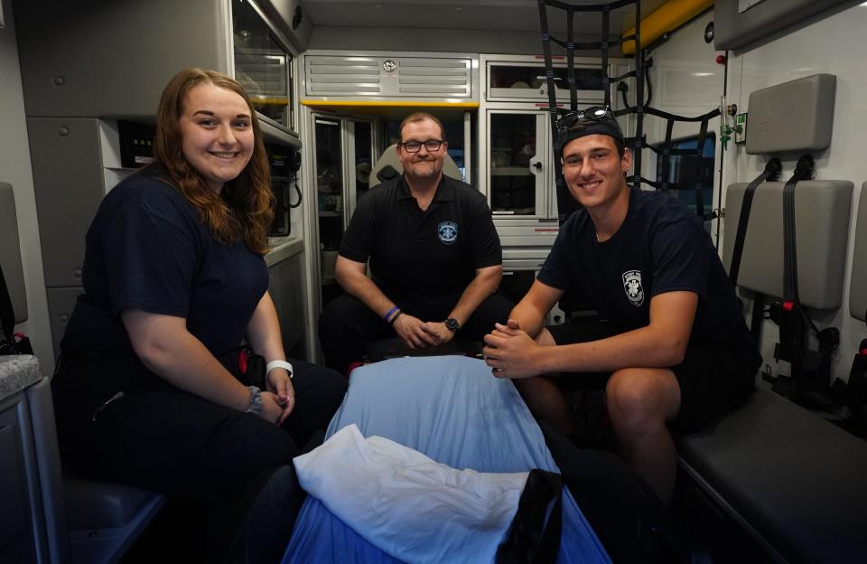 Stony Point EMT's Evan Humphrey, left, Allison Spong, and Vincent Orfino helped rescue several hikers off a section of the Appalachian Trail in Bear Mountain during the rain storm.  Thursday, July 13, 2023.