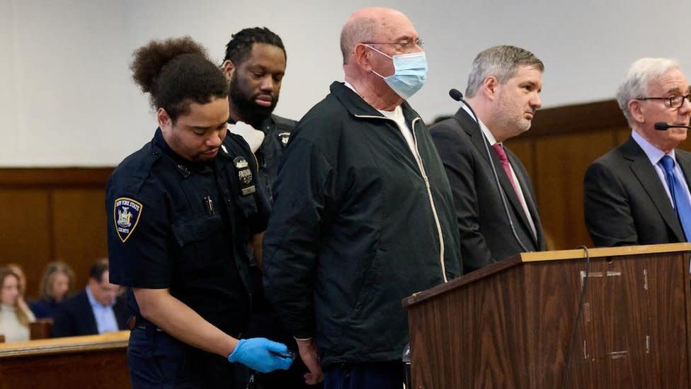 Allen Weisselberg stands as he is sentenced to 5 months in prison for perjury from when he testified in the Trump trial, in Manhattan, New York, U.S. April 10, 2024.