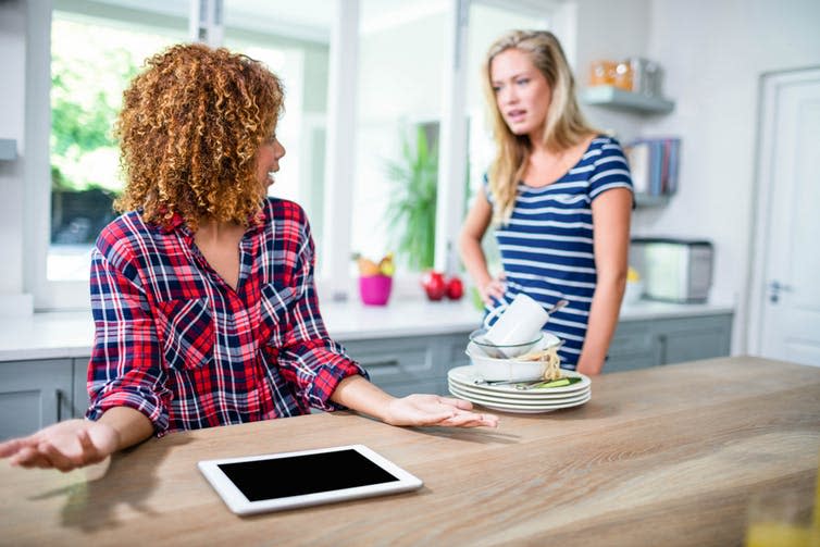 <span class="caption">‘You didn’t seem to care last week.’</span> <span class="attribution"><a class="link " href="https://www.shutterstock.com/image-photo/upset-woman-showing-dirty-dishes-friend-387513652?src=HShGk63_9lXKOd8JAn3_eA-1-14" rel="nofollow noopener" target="_blank" data-ylk="slk:wavebreakmedia/Shutterstock;elm:context_link;itc:0;sec:content-canvas">wavebreakmedia/Shutterstock</a></span>