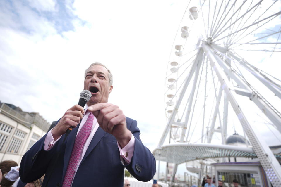 Leader of Reform UK Nigel Farage launches his General Election campaign in Clacton-on-Sea, Essex, England, Tuesday June 4, 2024. Mr Farage announced on Monday that he will stand for parliament in Clacton and lead Reform UK for the next five years. (James Manning/PA via AP)