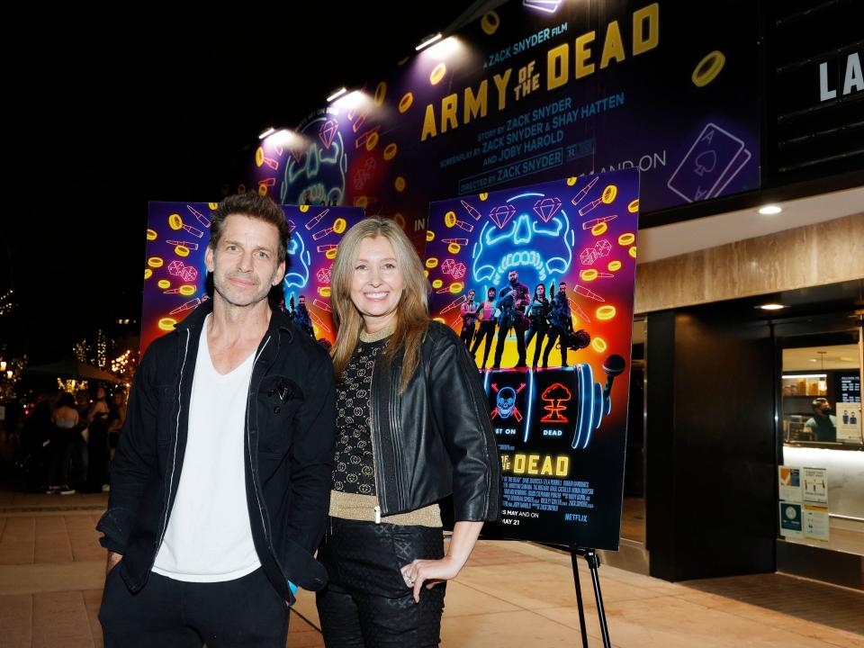Director Zack Snyder (L) and producer Deborah Snyder (R) attend the grand reopening of the newly renovated Landmark Theatre Westwood in May 2021.