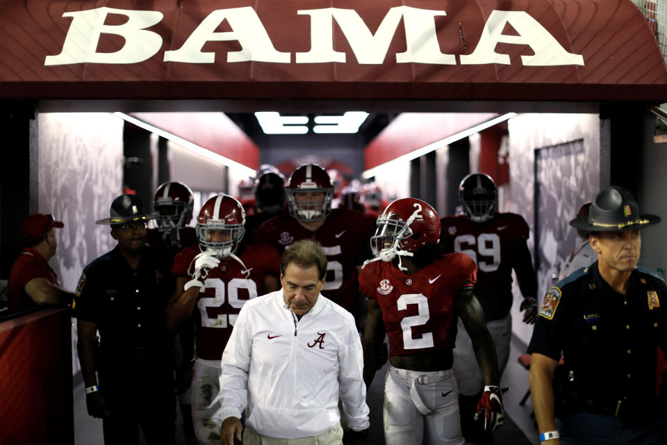 Alabama head football coach Nick Saban leads his team back onto the field for the second half against Arkansas at Bryant–Denny Stadium in Tuscaloosa, Alabama, U.S. October 14, 2017. Picture taken October 14, 2017.  REUTERS/Jonathan Ernst