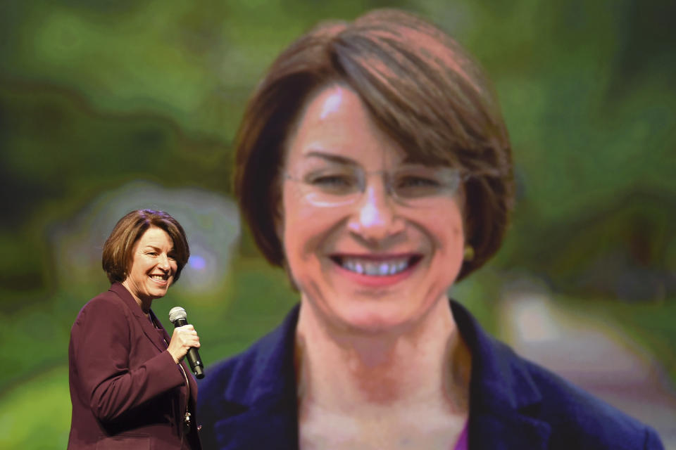 Democratic presidential candidate U.S. Sen. Amy Klobuchar arrives on stage to speak at the first-ever "Workers' Presidential Summit" at the Convention Center in Philadelphia Tuesday, Sept. 17, 2019. The Philadelphia Council of the AFL-CIO hosted the event. (Tom Gralish/The Philadelphia Inquirer via AP)