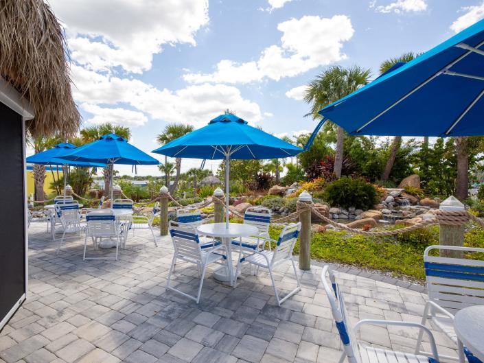 Rows of outdoor tables and umbrellas.