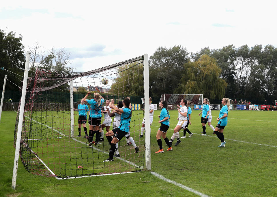 AYLESBURY, ENGLAND - AUGUST 30: General view of goalmouth action during the Pre-Season Friendly between Milton Keynes Dons Women and Derby County Women at the Greenfleets Stadium on August 30, 2020 in Aylesbury, England. (Photo by Catherine Ivill/Getty Images)