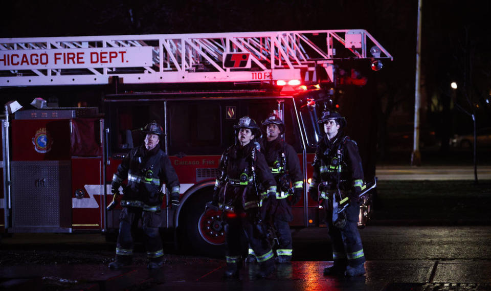 CHICAGO FIRE -- "The Little Things" Episode 12004 -- Pictured: (l-r) Christian Stolte as Randy "Mouch" McHolland, Miranda Rae Mayo as Stella Kidd, Rome Flynn as Gibson, Jake Lockett as Sam Carver -- (Photo by: Adrian S Burrows Sr/NBC)