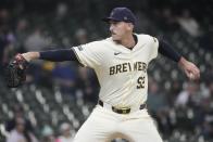 Milwaukee Brewers' Bryan Hudson throws during the fourth inning of a baseball game against the San Diego Padres Wednesday, April 17, 2024, in Milwaukee. (AP Photo/Morry Gash)