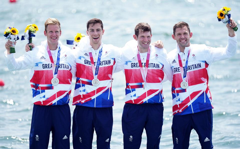 Great Britain’s Harry Leask, Angus Groom, Tom Barras and Jack Beaumont collect their silver medals for the Men’s Quadruple Sculls during the Rowing on the fifth day of the Tokyo 2020 Olympic Games (PA) (PA Wire)