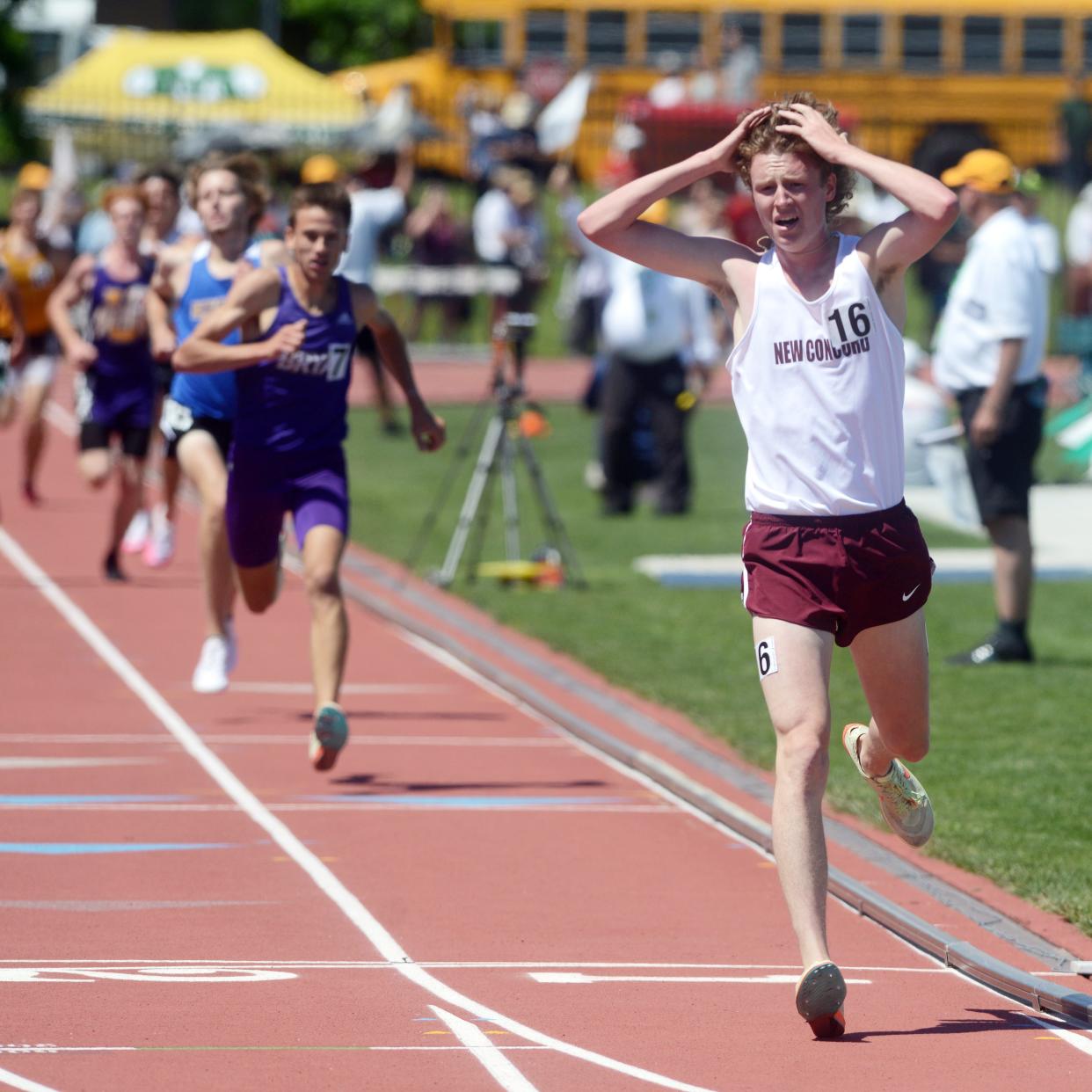 Chris Tooms, of John Glenn, races to a first-place finish in the 3200 meters with a convincing showing at the Division II state track and field meet on Saturday at Jesse Owens Memorial Stadium. Tooms won by more than two seconds to claim the school's second state title in five years.