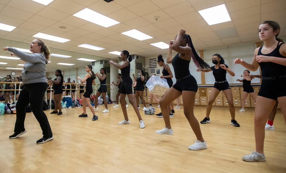 Director Stacy Weaver leads the Raa Dance Team practice on Wednesday, Aug. 31, 2022 at the middle school in Tallahassee, Fla. 