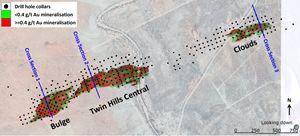 Plan view of the Twin Hills mineral resource area, mineralization domains and drill hole collars
