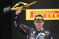 Red Bull Racing's Max Verstappen, of the Netherlands, celebrates his victory in the Formula One Canadian Grand Prix auto race Sunday, July 18, 2023, in Montreal. (Paul Chiasson/The Canadian Press via AP)