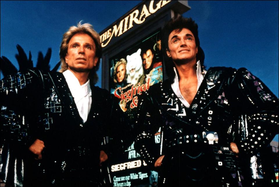 Siegfried & Roy stand under the Mirage marquee in 1993.