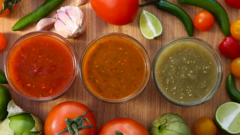 Red, orange, and green salsa