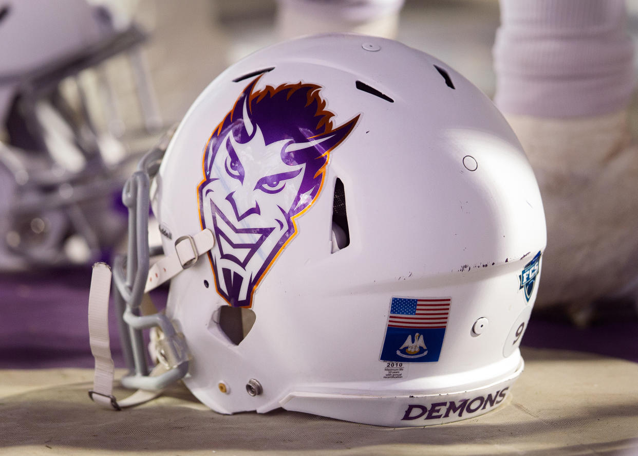 BATON ROUGE, LA - SEPTEMBER 14: A Northwestern State Demons helmet rests on the sideline during a game between the Northwestern State Demons and the LSU Tigers at Tiger Stadium in Baton Rouge, Louisiana on September 14, 2019. (Photo by John Korduner/Icon Sportswire via Getty Images)