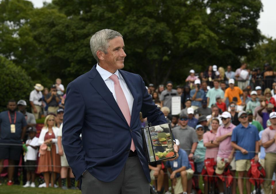 ATLANTA, GA - AUGUST 25: PGA TOUR Commissioner Jay Monahan watches the trophy ceremony after the TOUR Championship, the final event of the FedExCup Playoffs, at East Lake Golf Club on August 25, 2019 in Atlanta, Georgia. (Photo by Stan Badz/PGA TOUR via Getty Images)