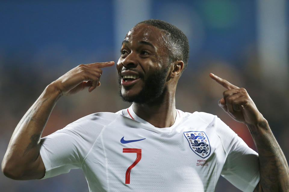 England's Raheem Sterling celebrates scoring his side's fifth goal during the Euro 2020 group A qualifying soccer match between Montenegro and England at the City Stadium in Podgorica, Montenegro, Monday, March 25, 2019. (AP Photo/Darko Vojinovic)