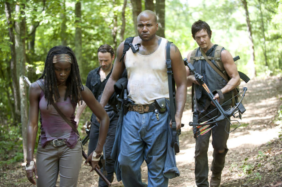 Michonne (Danai Gurira), Rick Grimes (Andrew Lincoln), Oscar (Vincent Ward) and Daryl Dixon (Norman Reedus) in "The Walking Dead" episode, "When the Dead Come Knocking."