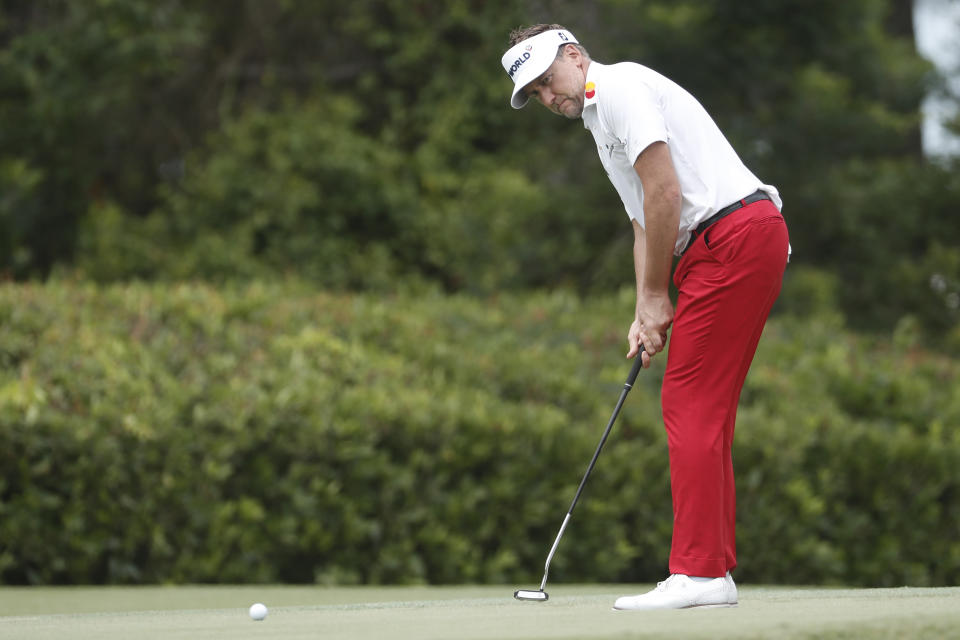 Ian Poulter of England, putts on the 17th green during the first round of the RBC Heritage golf tournament, Thursday, June 18, 2020, in Hilton Head Island, S.C. (AP Photo/Gerry Broome)
