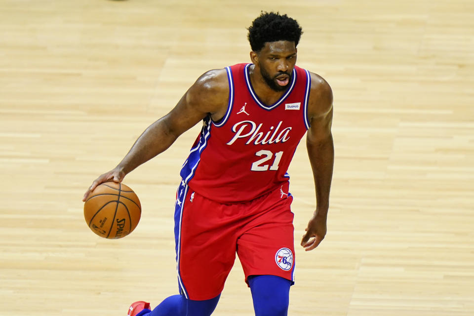 Philadelphia 76ers' Joel Embiid plays during an NBA basketball game against the Orlando Magic, Friday, May 14, 2021, in Philadelphia. (AP Photo/Matt Slocum)