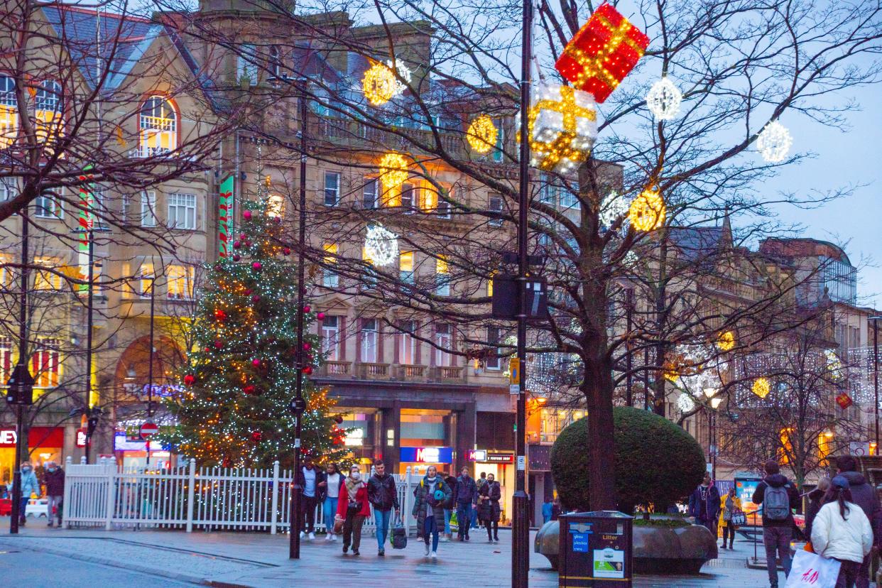 Yorkshire, UK – 21 Dec 2020: Sheffield lit up: Christmas illumination on Fargate, City Centre