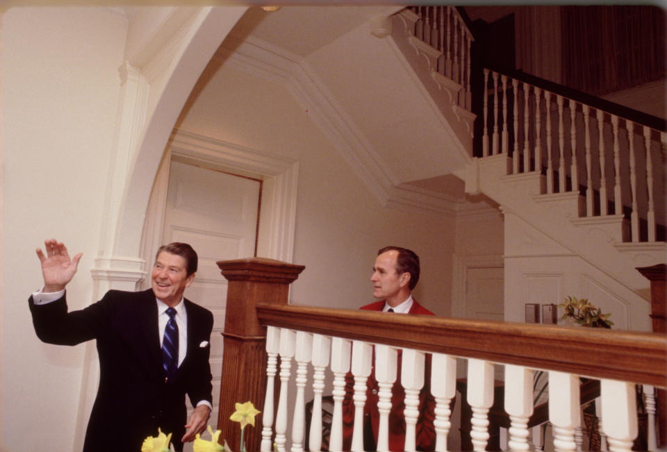 Ronald Reagan and George H.W. Bush at the residence on Feb. 23, 1981.