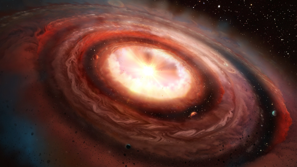     A protoplanetary disk of gas and dust around a young star creates dark cavities as gas and ice giant planets form. 