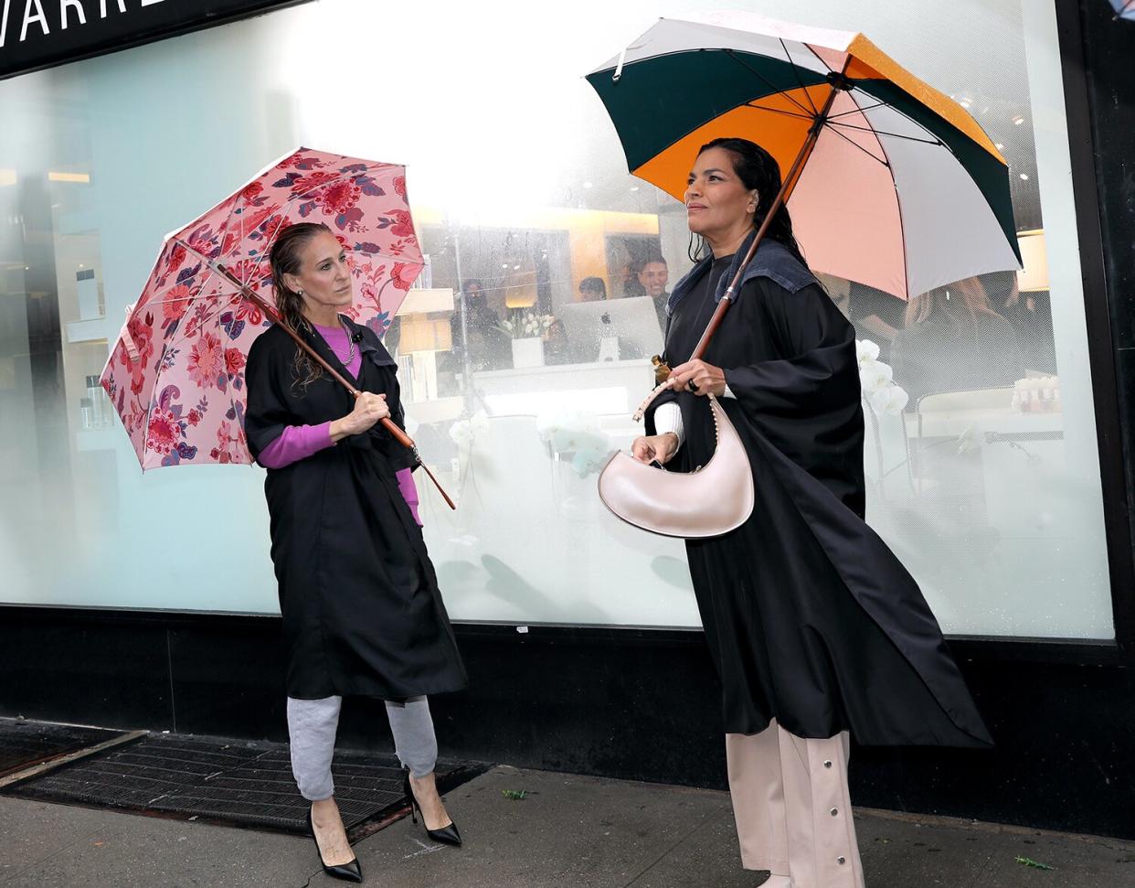 Sarah Jessica Parker and Sarita Choudhury are seen on the set of "And Just Like That..."