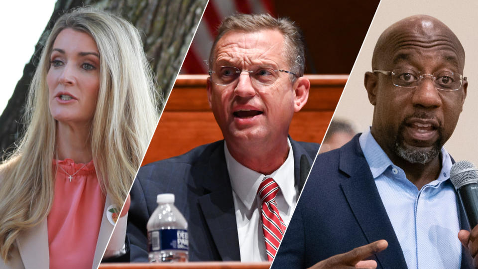 U.S. Sen. Kelly Loeffler (R-GA)/Representative Doug Collins/Raphael Warnock (Lynsey Weatherspoon/Getty Images; Erin Scott-Pool via Getty Images; Elijah Nouvelage/Bloomberg via Getty Images)