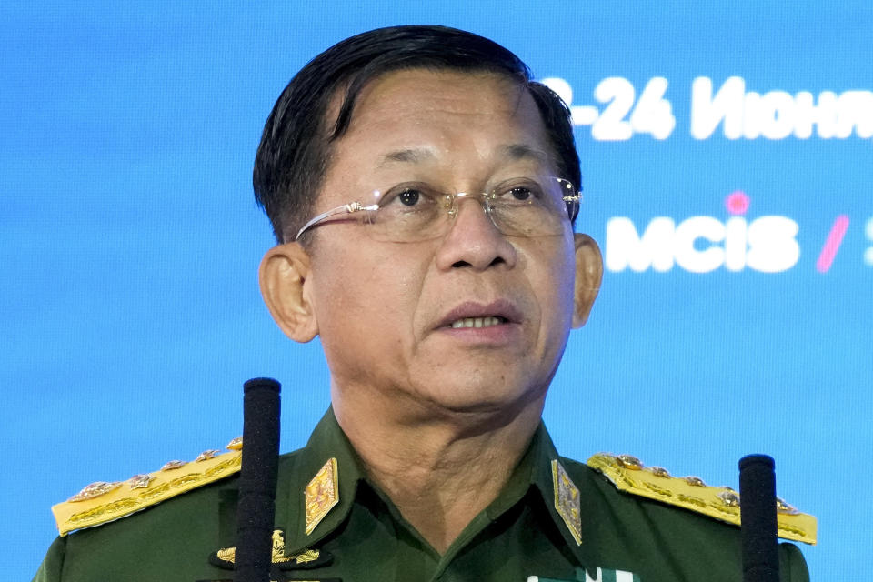 FILE - Commander-in-Chief of Myanmar's armed forces, Senior Gen. Min Aung Hlaing delivers his speech at the IX Moscow conference on international security in Moscow, Russia, June 23, 2021. The prospects for peace in Myanmar, much less a return to democracy, seem dimmer than ever two years after the army seized power from the elected government of Aung San Suu Kyi, experts say. (AP Photo/Alexander Zemlianichenko, Pool, File)