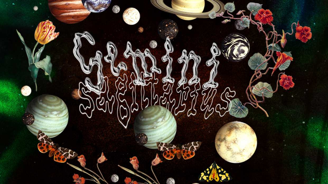 the words gemini and sagittarius in a squiggly font, surrounded by flowers and planets