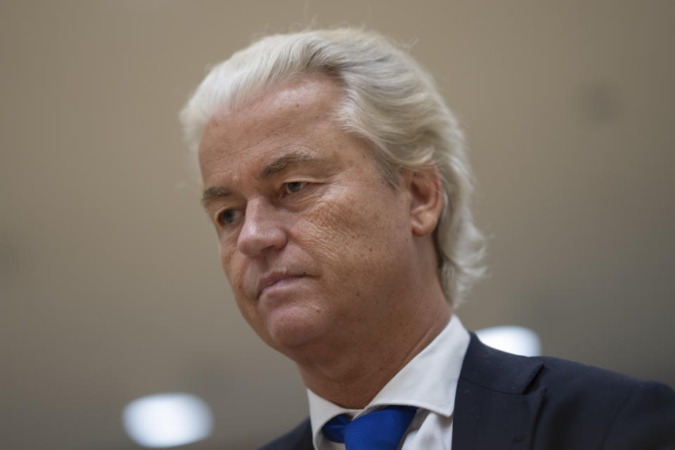 Anti-Islam lawmaker Geert Wilders, takes his seat at the high security court at Schiphol, near Amsterdam, Netherlands, Monday, Sept. 9, 2024, to hear the verdict against two Pakistani men on charges of threatening Wilders. (AP Photo/Peter Dejong)