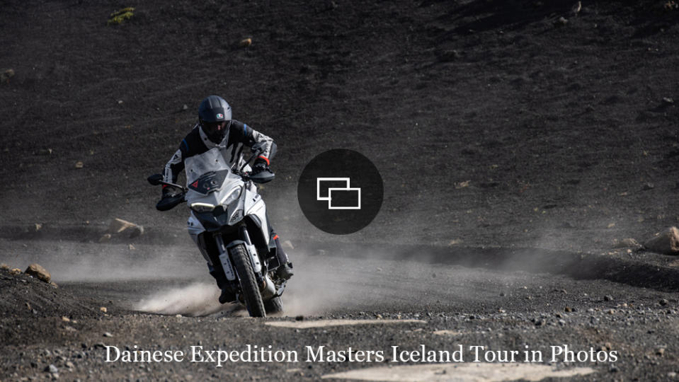 A motorcyclist participating in the Dainese Expedition Masters Iceland tour.