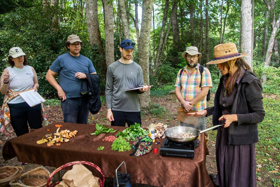 Kat Shaw cooks black staining polypore mushroom after guiding a foraging tour, September 14, 2023, in Black Mountain.