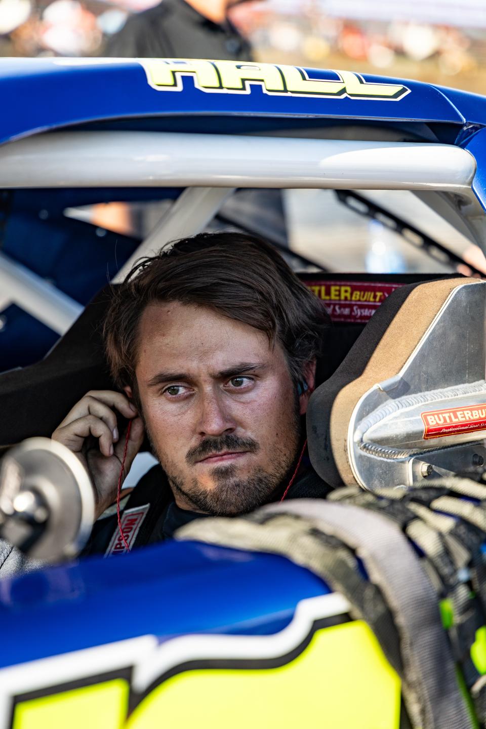 Connor Hall, driver of the No. 77, in the car before the Bobby Isaac Memorial at Hickory Motor Speedway in Newton, North Carolina on September 2, 2023. (Susan Wong/NASCAR)
