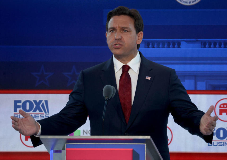 Florida Gov. Ron DeSantis delivers remarks during the Republican primary debate at the Ronald Reagan Presidential Library on Sept. 27, 2023, in Simi Valley, California.  / Credit: Justin Sullivan/Getty Images