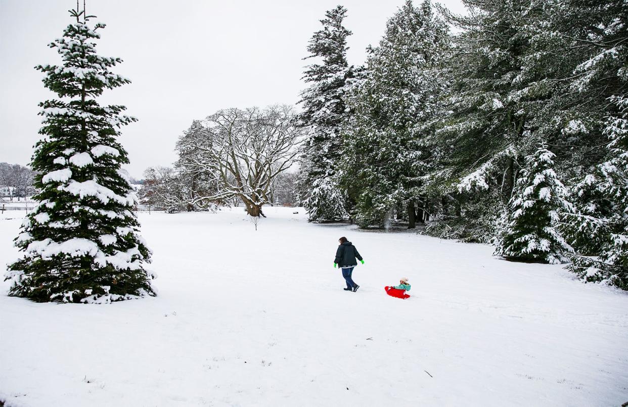 Darlene Maggio of Easton pulls her granddaughter Olivia Wright, 10 months, on a sled through the Governor Oliver Ames Estate park in Easton on Wednesday, Jan. 27, 2021.