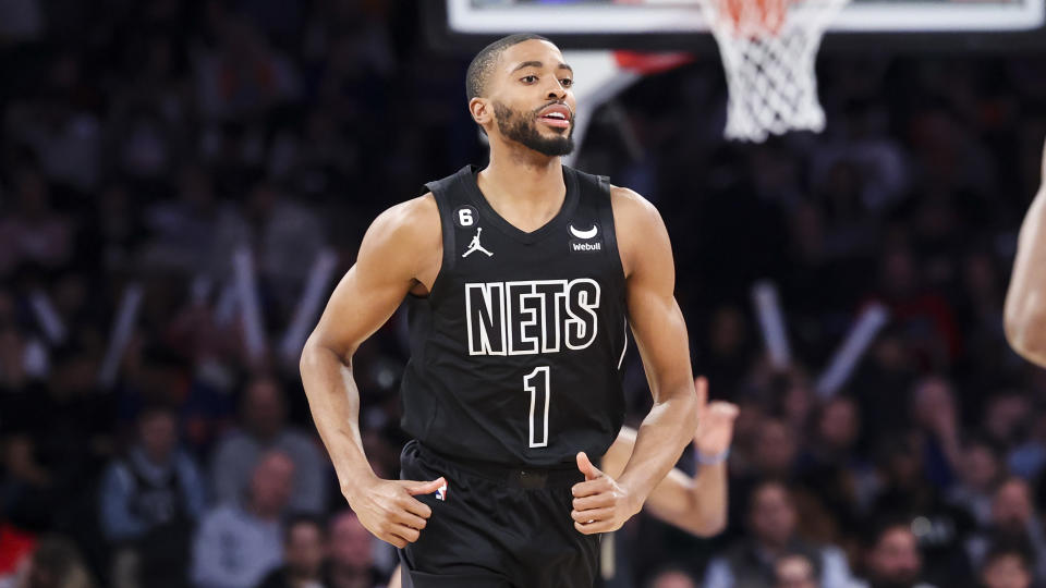 FILE - Brooklyn Nets forward Mikal Bridges (1) runs down the court during the first half of an NBA basketball game against the New York Knicks, Monday, Feb. 13, 2023, in New York. With the Big Three-ring circus gone, Kevin Durant and Kyrie Irving weren't missed much in the regular season. Mikal Bridges and Cam Johnson, who came in the deal for Durant, and Spencer Dinwiddie and Dorian Finney-Smith, acquired from Dallas, stepped into the starting lineup and helped the Nets to 45 wins and the No. 6 seed. (AP Photo/Jessie Alcheh, File)