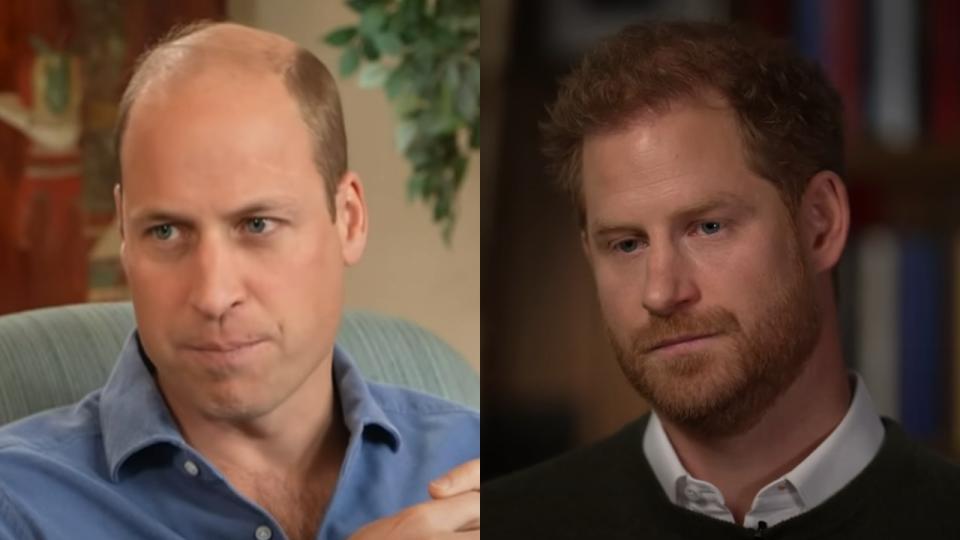 Side-by-side from left to right: a screenshot of Prince William on BBC News and a screenshot of Prince Harry on 60 Minutes.