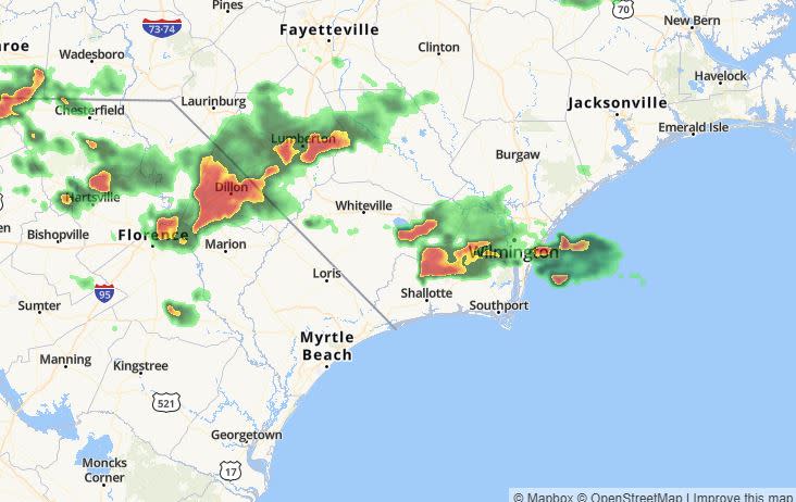 A CBS 17 interactive radar image from 7:05 p.m. Saturday showing storms moving through Wilmington. Storms to the west were moving almost directly east — and were later projected to hit Wilmington through the evening.