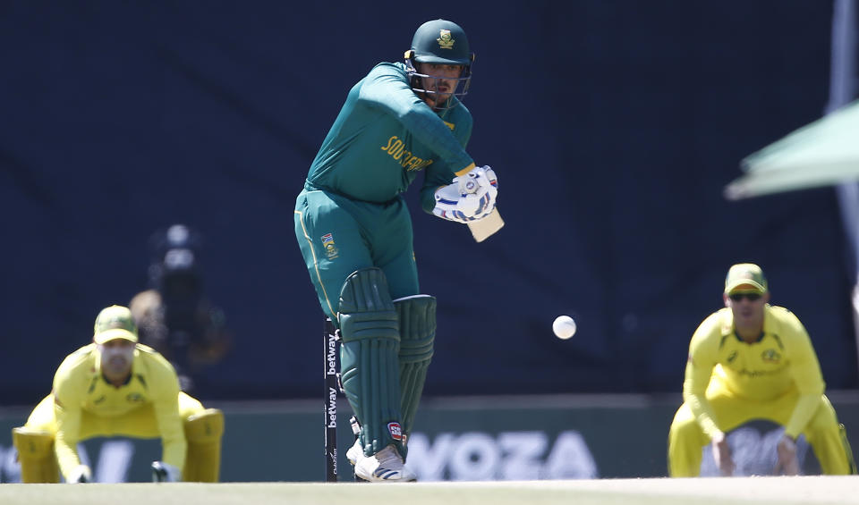 South Africa's Quinton de Kock plays a ball during the fourth ODI between South Africa and Australia in Pretoria, South Africa, Friday, Sept. 15, 2023. (AP Photo)