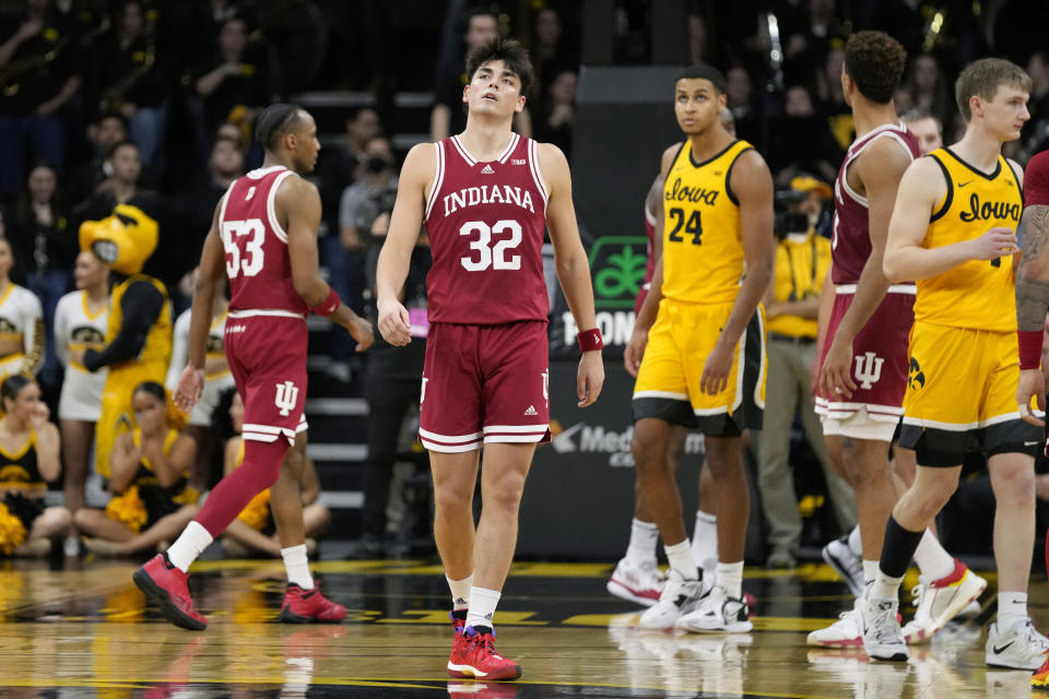 Indiana guard Trey Galloway (32) reacts after missing a free throw during the second half of an NCAA college basketball game against Iowa, Thursday, Jan. 5, 2023, in Iowa City, Iowa. Iowa won 91-89. (AP Photo/Charlie Neibergall)
