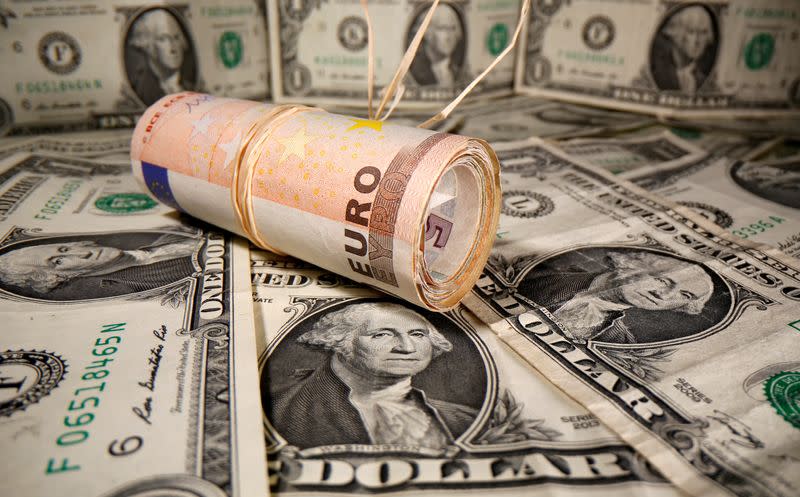FILE PHOTO: Rolled Euro banknotes are placed on U.S. Dollar banknotes