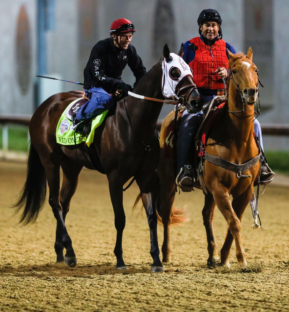 Kentucky Derby horse Wild On Ice walks towards the track with Jockey Ken Tohill aboard for a morning workout Thursday April 27, 2023 at Churchill Downs in Louisville, Ky. Wild On Ice would pull up on the backstretch after running five furlongs, holding his left hind leg.