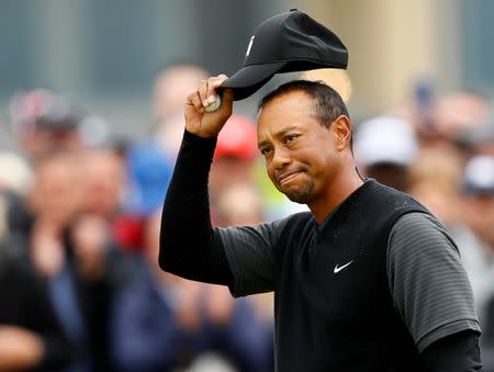 Golf - The 147th Open Championship - Carnoustie, Britain - July 20, 2018 Tiger Woods of the U.S. reacts at the end of his second round REUTERS/Jason Cairnduff