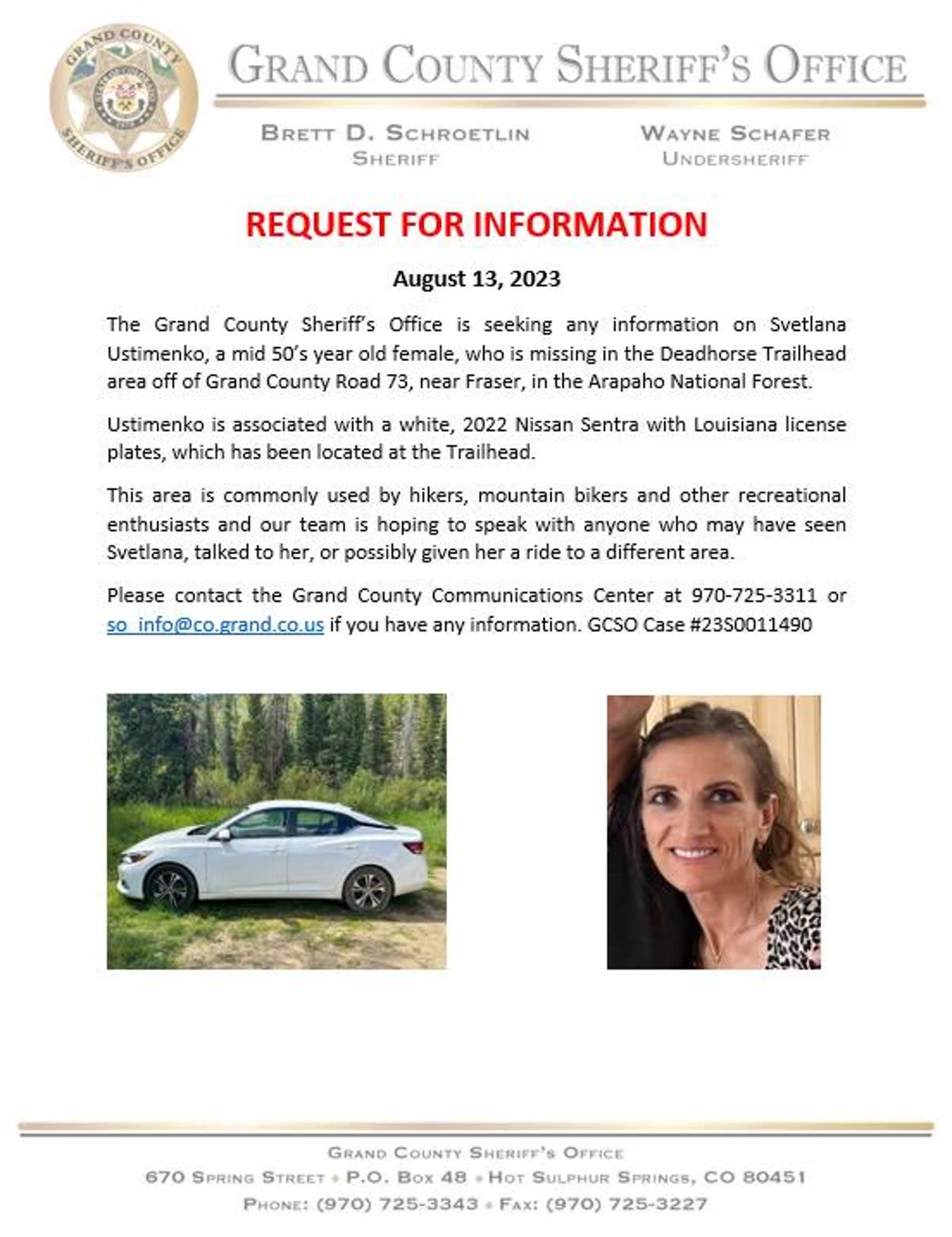 On 11 August, authorities had started a search to find another missing woman, 55-year-old Svetlana Ustimenko after her rental car was found parked at the Deadhorse Trailhead area in the Arapaho National Forest in late July (Grand County Sheriff’s Office)